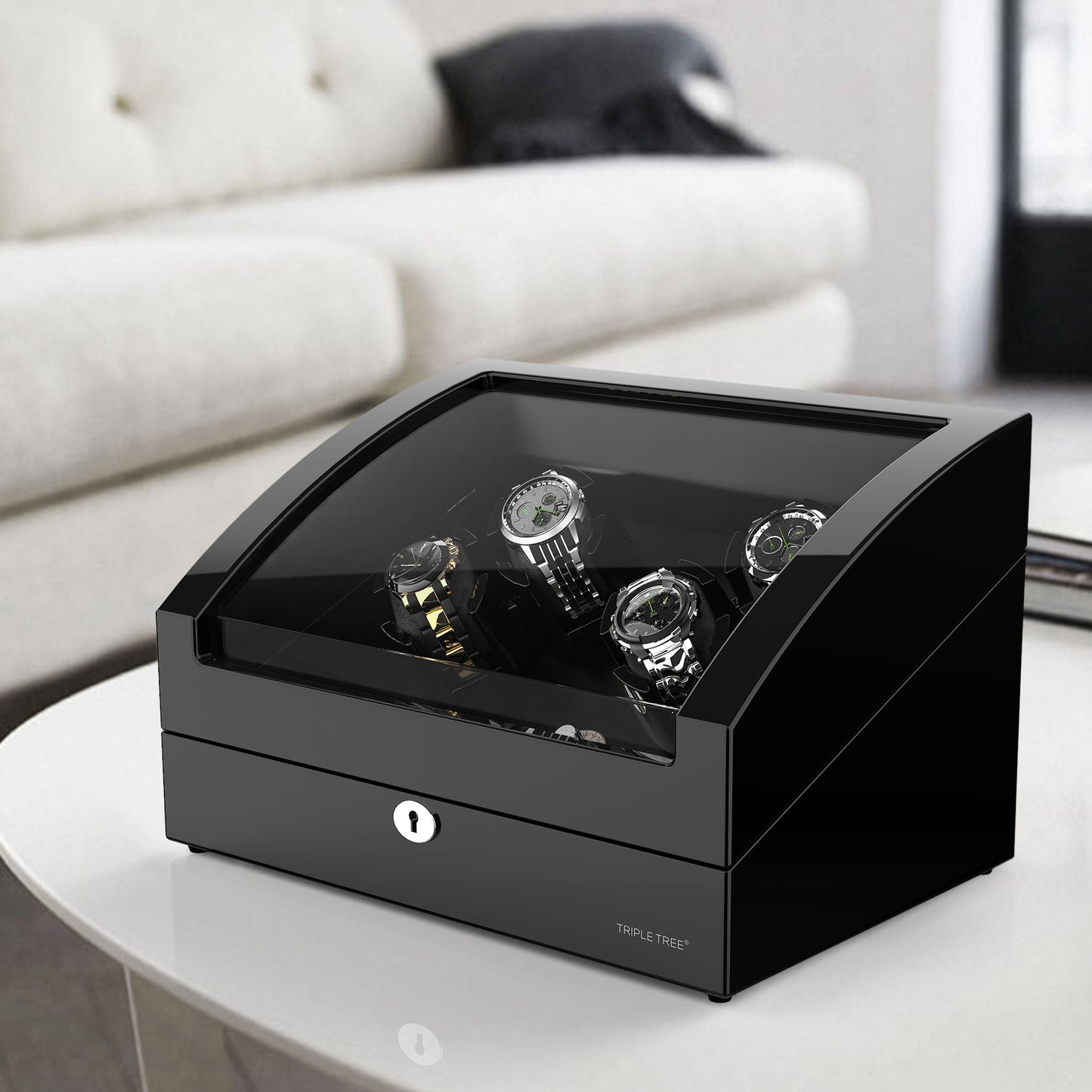 Watch Winder for 4 Automatic Watches with Extra 6 Watch Storages, High-Gloss Piano Lacquer, TRIPLE TREE