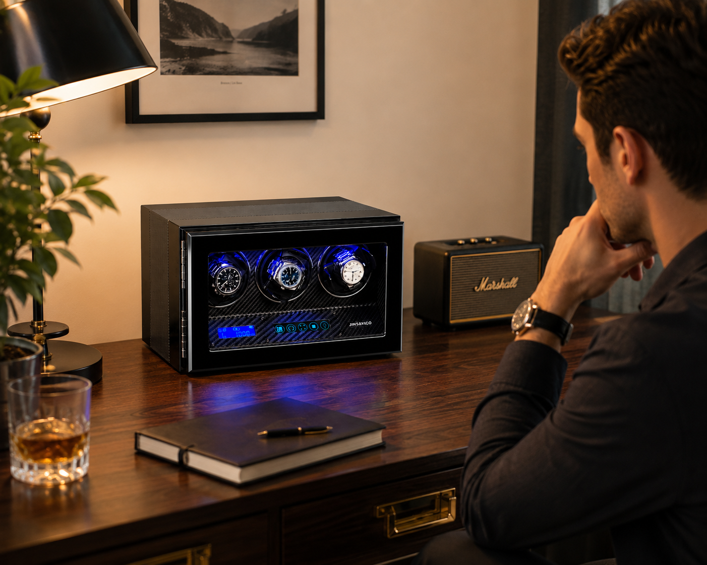Watch Winder for 3 Watches with LCD Touchscreen Control, High-Gloss Piano Lacquer, JINS&VICO