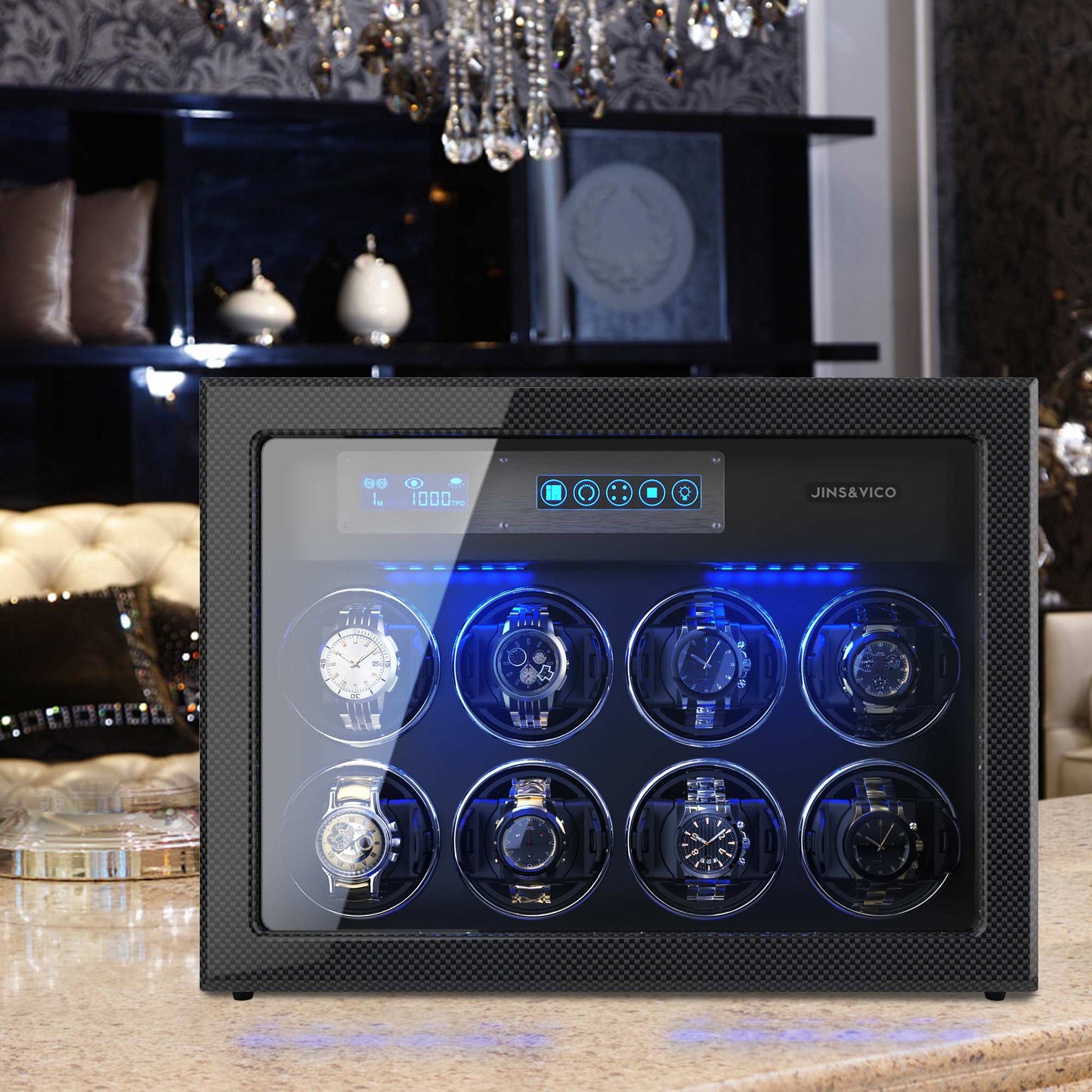 8-Slots Watch Winder for Automatic Watches, 6 Free Storages ,High-Gloss Piano Lacquer Carbon Fiber, JINS&VICO