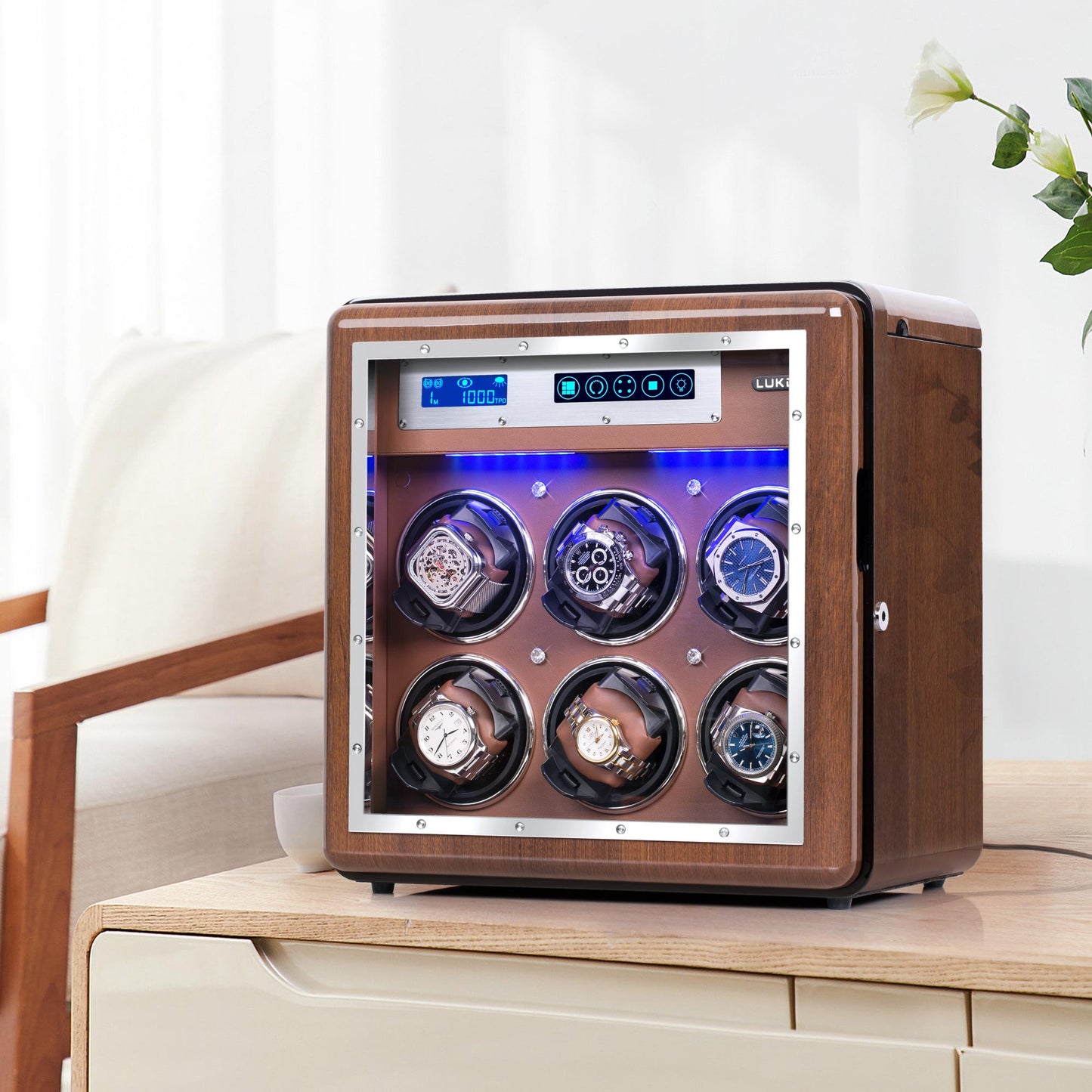 6-Slots Walnut Watch Winder with 4 Fee Storages, High-Gloss Piano Lacquer, LUKDOF