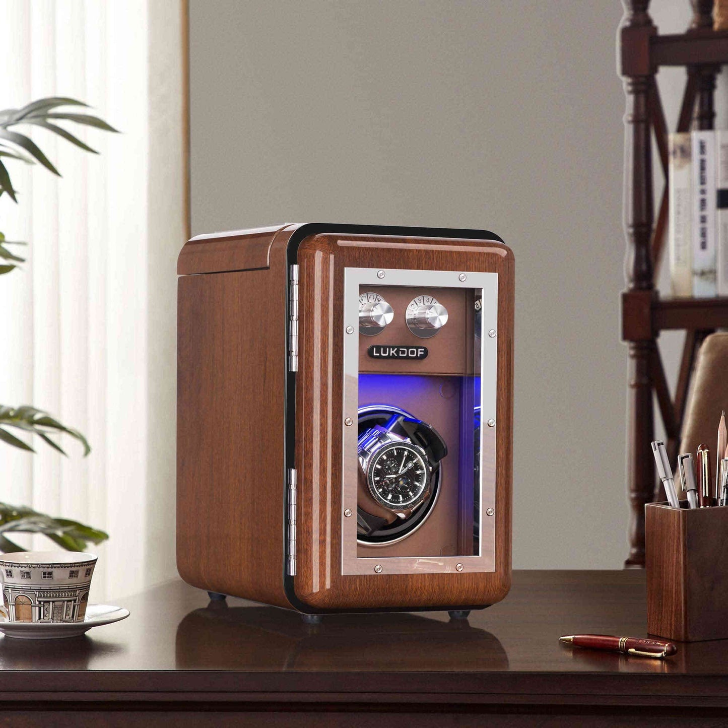 Single-Slots Walnut Wood Automatic Watch Winder with 2 Storages, High-Gloss Piano Lacquer, LUKDOF