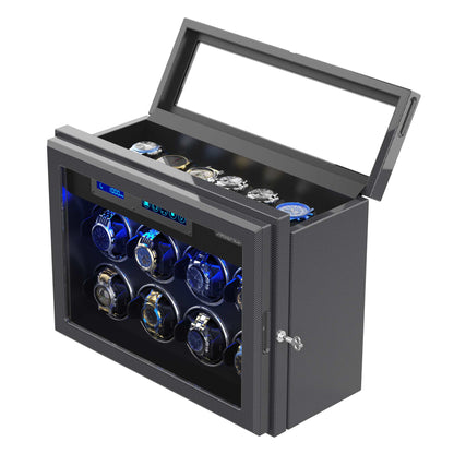 8-Slots Watch Winder for Automatic Watches,  6 Free Storages ,High-Gloss Piano Lacquer Carbon Fiber, JINS&VICO