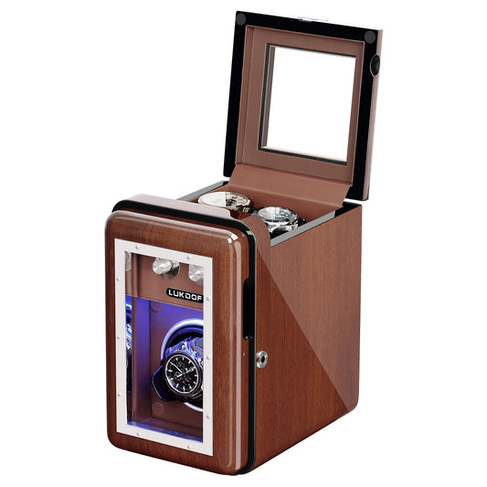 Single-Slots Walnut Wood Automatic Watch Winder with 2 Storages, High-Gloss Piano Lacquer, LUKDOF