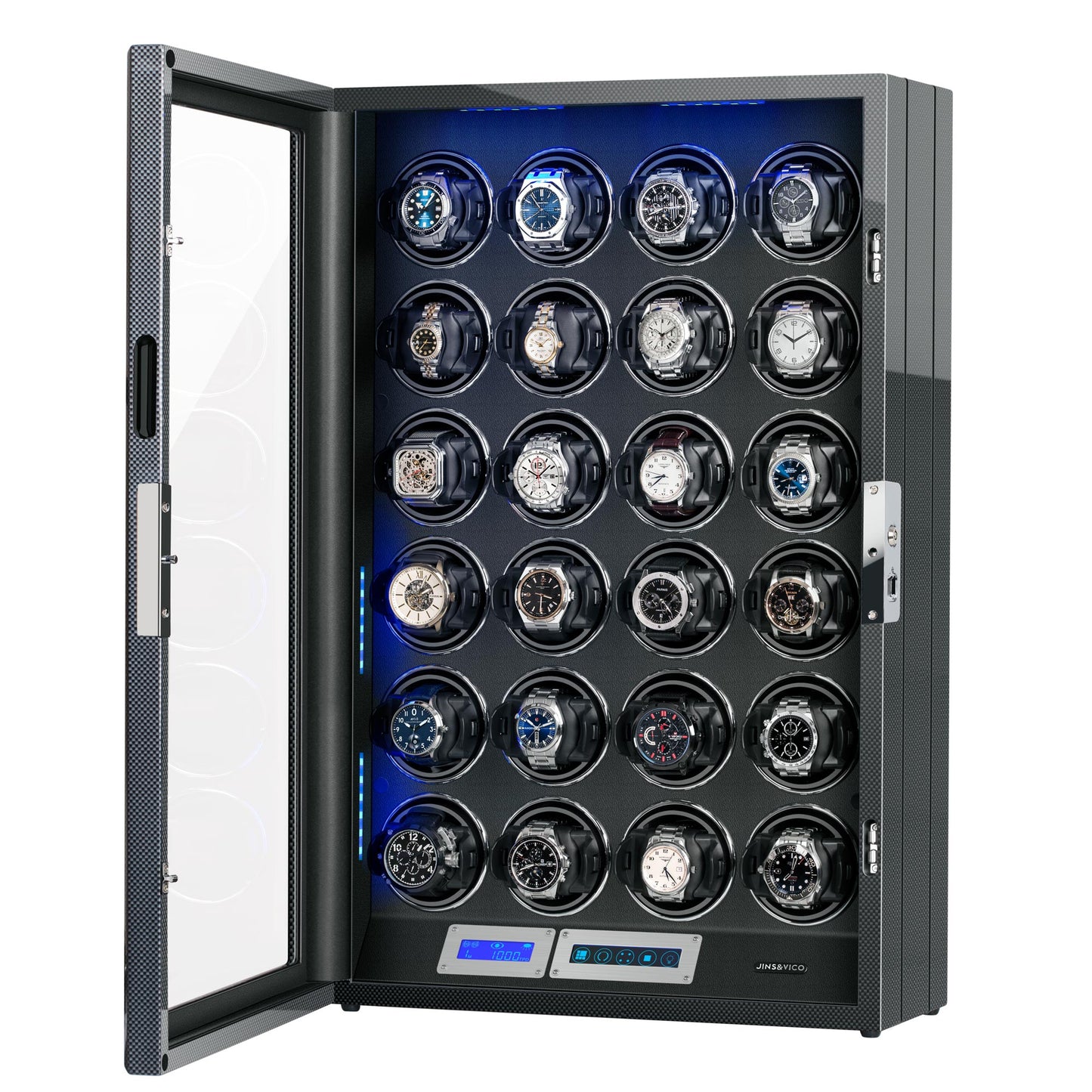 24-Slots Watch Winder with High-Gloss Piano Lacquer, Fingerprint Lock, JINS&VICO