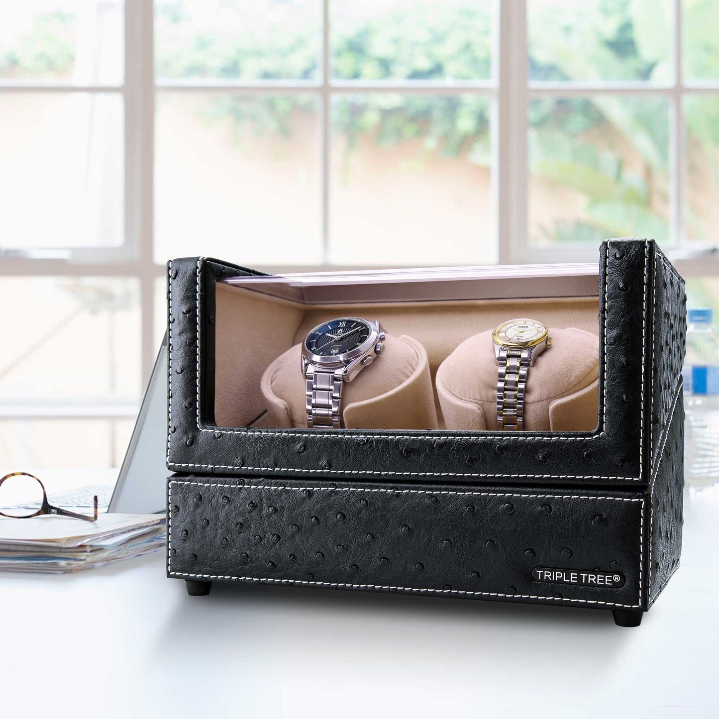 Deluxe Double Watch Winder in Black Leather, TRIPLE TREE