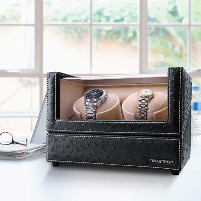 Deluxe Double Watch Winder in Black Leather, TRIPLE TREE