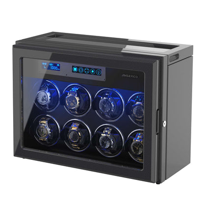 8-Slots Watch Winder for Automatic Watches,  6 Free Storages ,High-Gloss Piano Lacquer Carbon Fiber, JINS&VICO