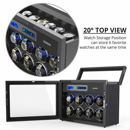 8-Slots Watch Winder for Automatic Watches,  6 Free Storages ,High-Gloss Piano Lacquer Carbon Fiber, JINS&VICO