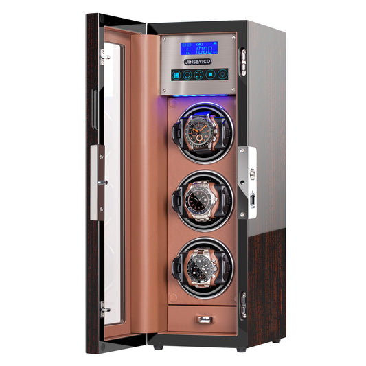 3-Slots Watch Winder with Fingerprint Lock and Drawer, High-Gloss Piano Lacquer, Tree Bark, JINS&VICO