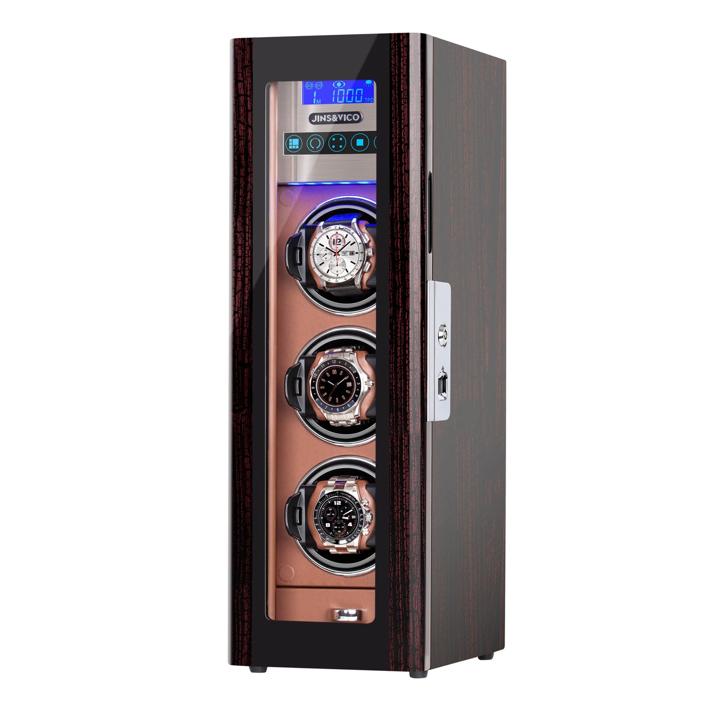 3-Slots Watch Winder with Fingerprint Lock and Drawer, High-Gloss Piano Lacquer, Tree Bark, JINS&VICO