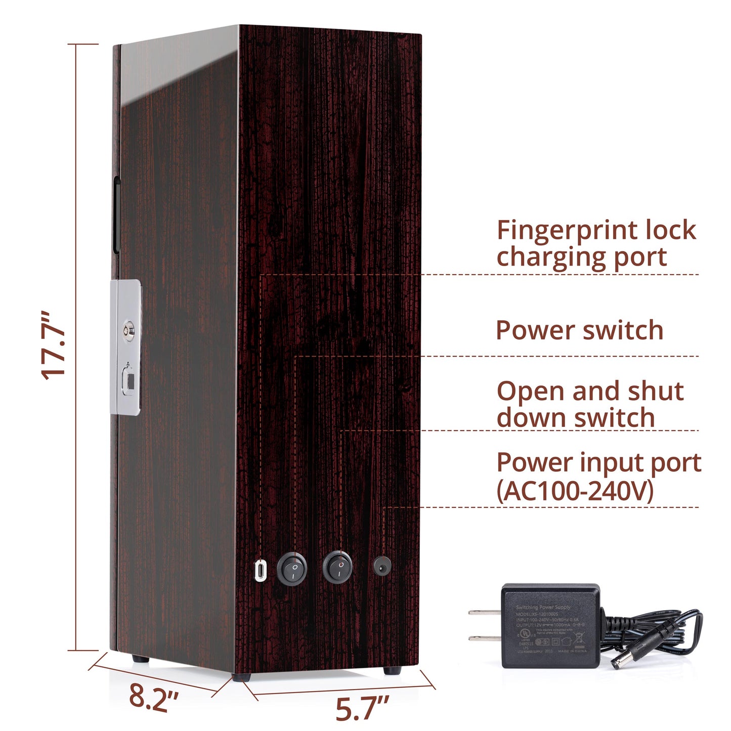 3-Slots Watch Winder with Fingerprint Lock and Drawer, High-Gloss Piano Lacquer, Tree Bark, JINS&VICO