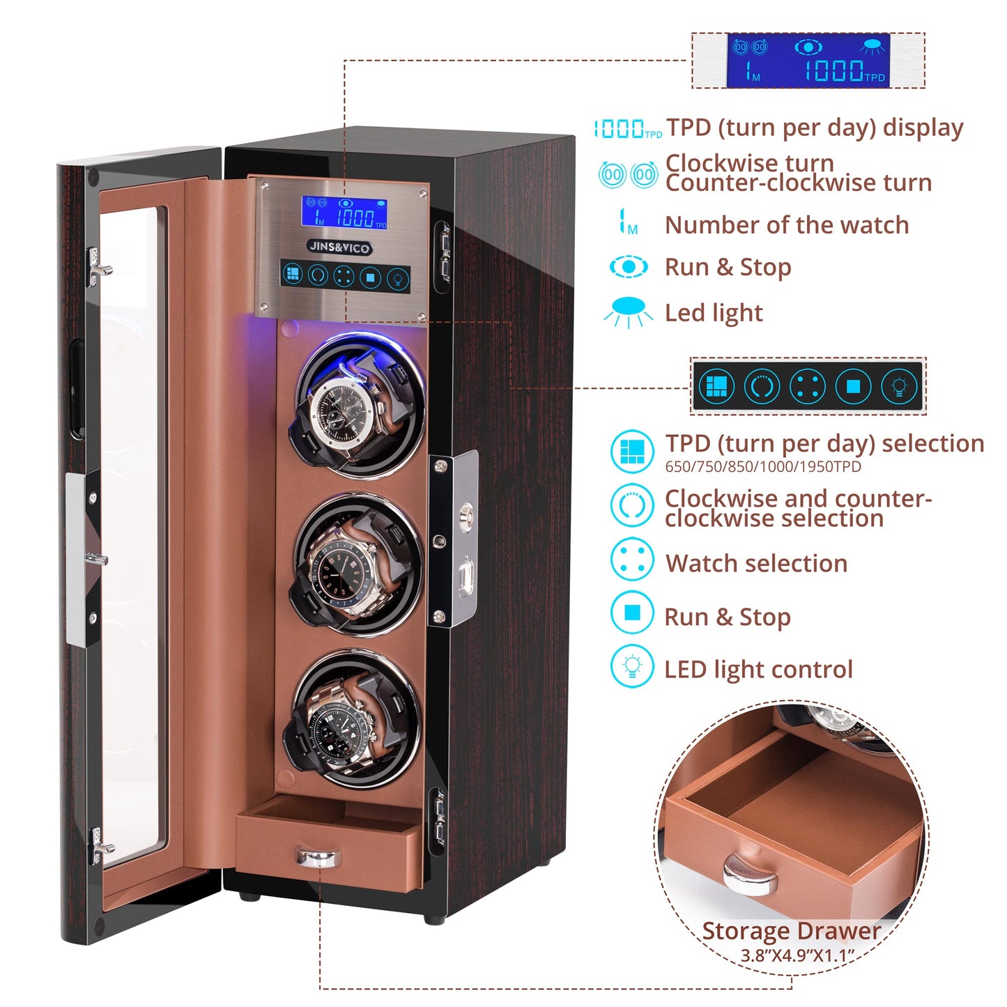 3-Slots Watch Winder with Fingerprint Lock and Drawer, High-Gloss Piano Lacquer, Tree Bark, JINS&VICO