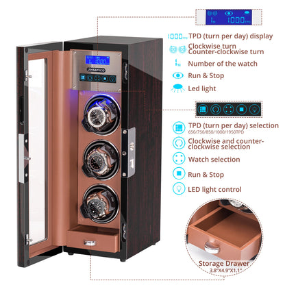3-Slots Watch Winder with Fingerprint Lock and Drawer, High-Gloss Piano Lacquer, Tree Bark, JINS&VICO