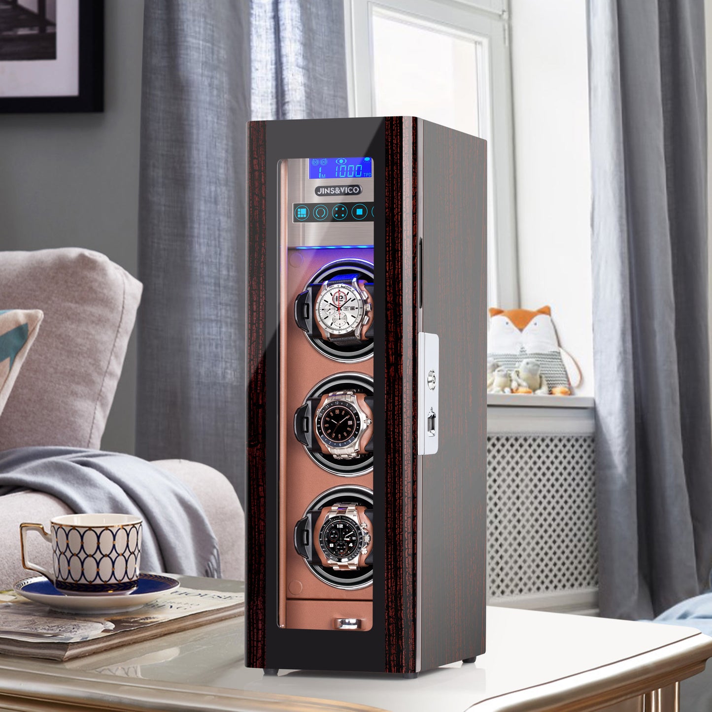 3-Slots Watch Winder with Fingerprint Lock and Drawer, High-Gloss Piano Lacquer, Tree Bark, JINS&VICO