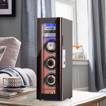 3-Slots Watch Winder with Fingerprint Lock and Drawer, High-Gloss Piano Lacquer, Tree Bark, JINS&VICO