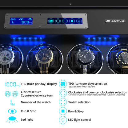 12-Slots Watch Winder with 6 Free Storages, Carbon Fibre Shell with High-Gloss Lacquer, JINS&VICO