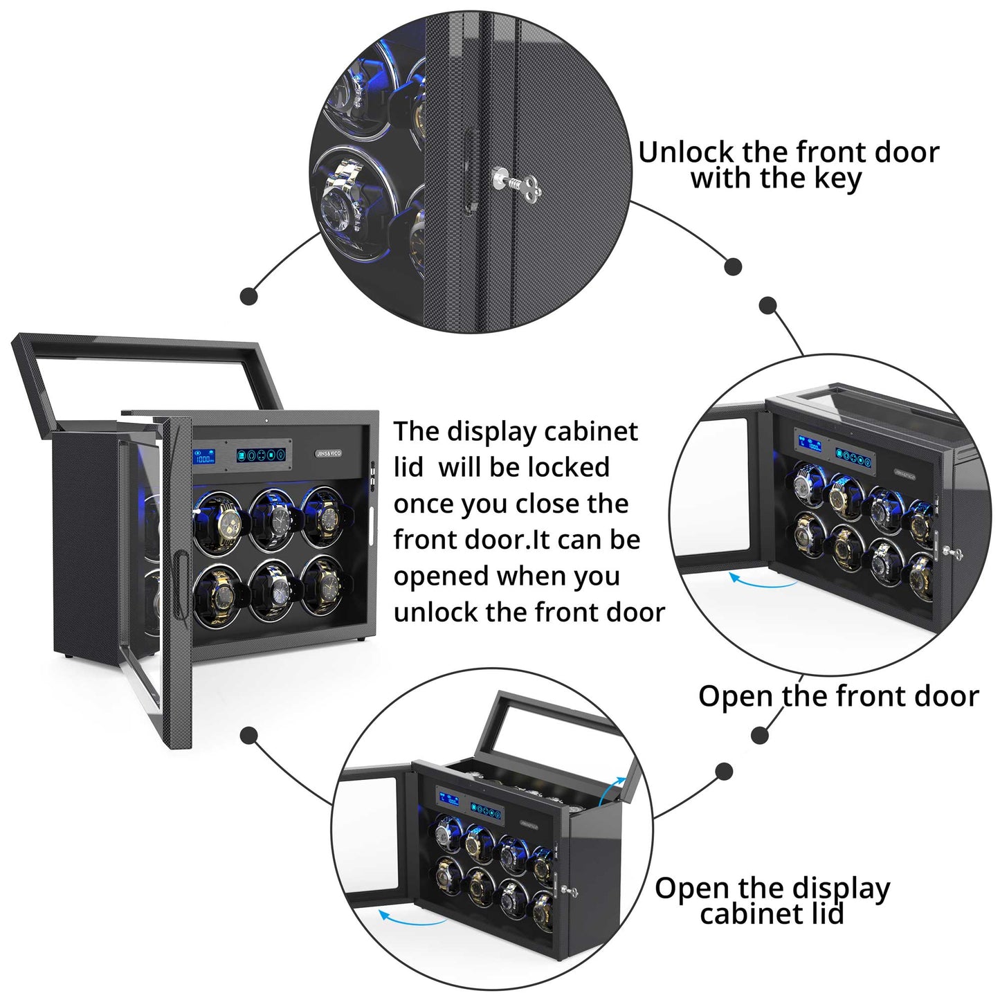 8-Slots Watch Winder for Automatic Watches,  6 Free Storages ,High-Gloss Piano Lacquer Carbon Fiber, JINS&VICO