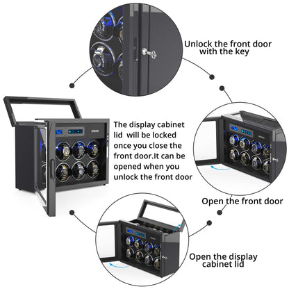 8-Slots Watch Winder for Automatic Watches,  6 Free Storages ,High-Gloss Piano Lacquer Carbon Fiber, JINS&VICO