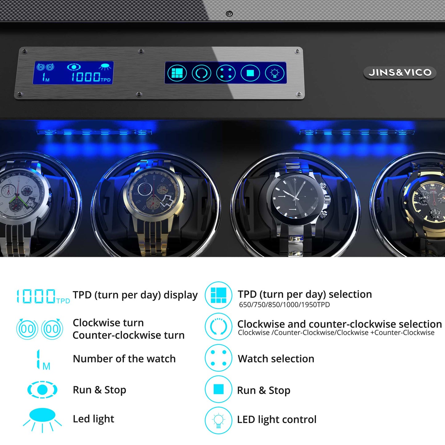 8-Slots Watch Winder for Automatic Watches,  6 Free Storages ,High-Gloss Piano Lacquer Carbon Fiber, JINS&VICO