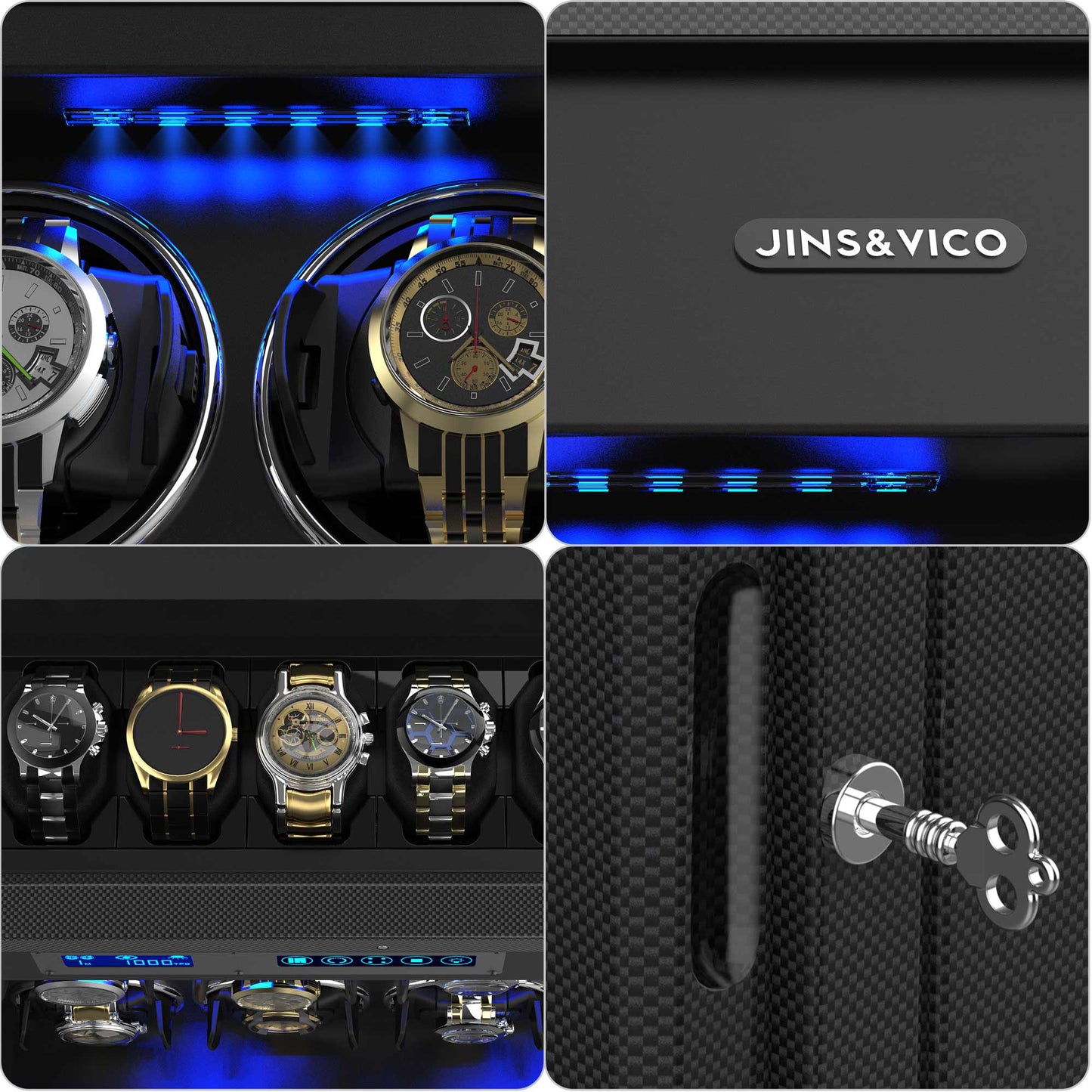8-Slots Watch Winder for Automatic Watches,  6 Free Storages ,High-Gloss Piano Lacquer Carbon Fiber, JINS&VICO