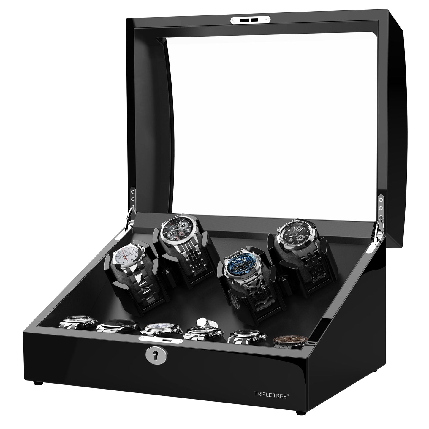 Watch Winder for 4 Automatic Watches with Extra 6 Watch Storages, High-Gloss Piano Lacquer, TRIPLE TREE