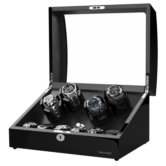 Watch Winder for 4 Automatic Watches with Extra 6 Watch Storages, High-Gloss Piano Lacquer, TRIPLE TREE