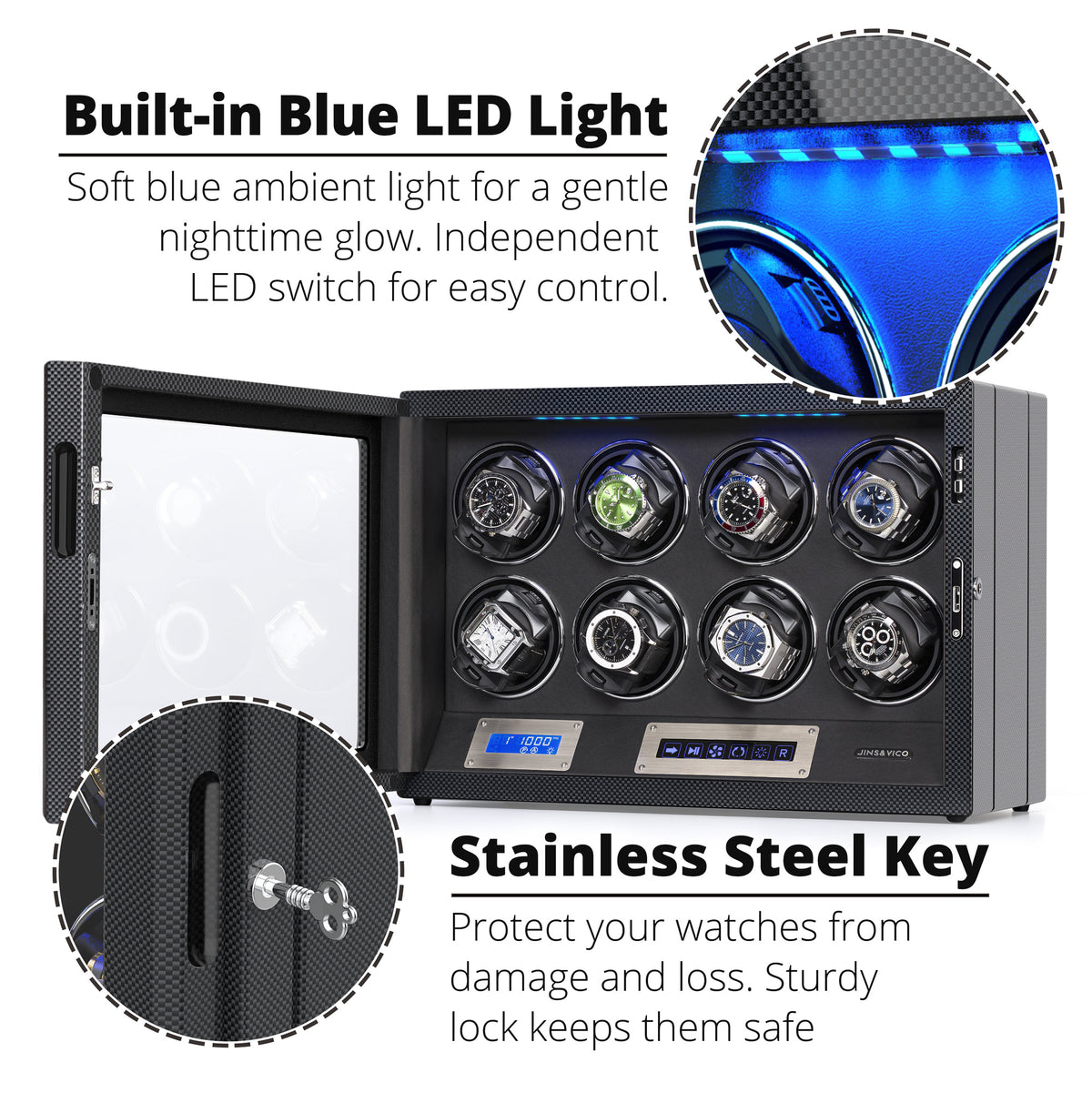 8 Watches Watch Winder Box with Backlight, High-Gloss Piano Lacquer