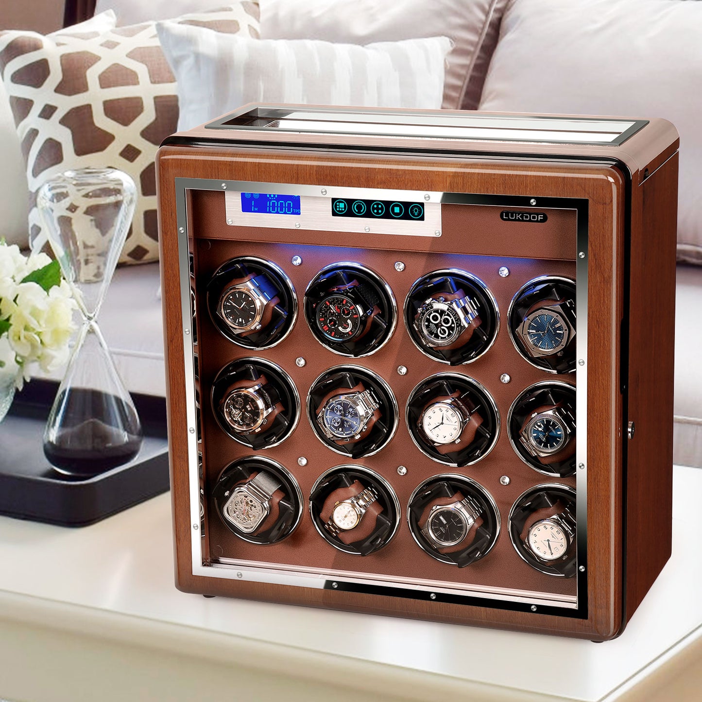 12-Slots Walnut Watch Winder with 6 Free Storages, High-Gloss Piano Lacquer, LUKDOF
