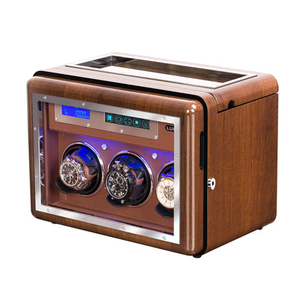 3-Slots Walnut Wood Automatic Watch Winder, High-Gloss Piano Lacquer, LUKDOF