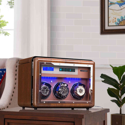 3-Slots Walnut Wood Automatic Watch Winder, High-Gloss Piano Lacquer, LUKDOF