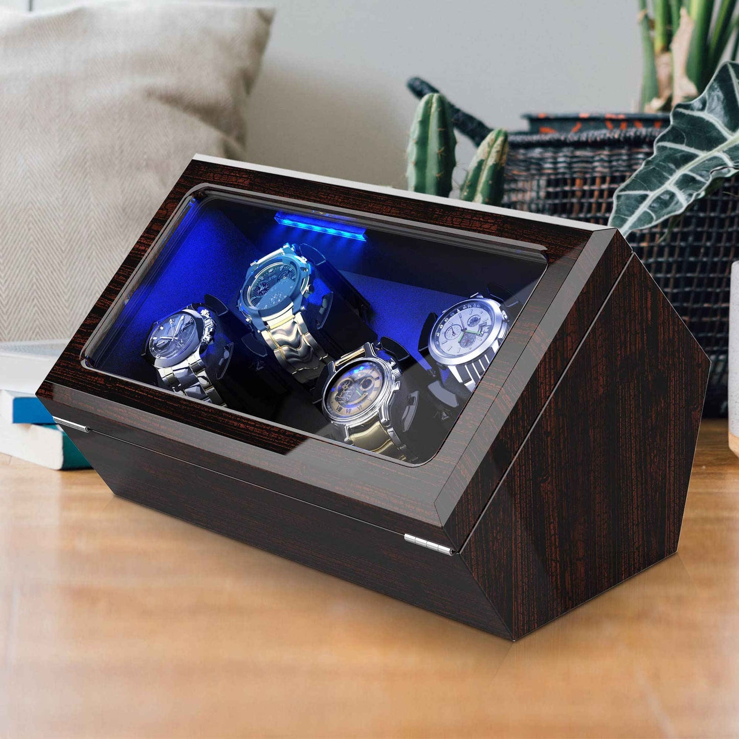 4-Slots Wooden Watch Winder Case, High-Gloss Piano Lacquer, INCLAKE