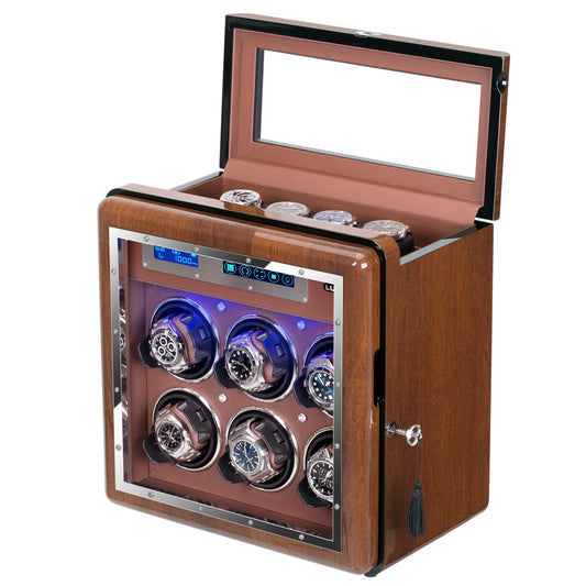 6-Slots Walnut Watch Winder with 4 Fee Storages, High-Gloss Piano Lacquer, LUKDOF