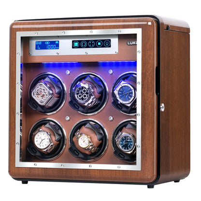 6-Slots Walnut Watch Winder with 4 Fee Storages, High-Gloss Piano Lacquer, LUKDOF