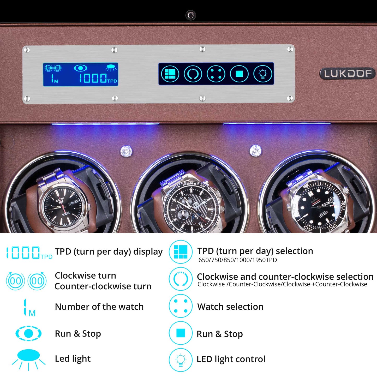 6-Slots Walnut Watch Winder with 4 Fee Storages, High-Gloss Piano Lacquer, LUKDOF