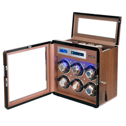 6-Slots Walnut Watch Winder with 4 Fee Storages, High-Gloss Piano Lacquer, LUKDOF