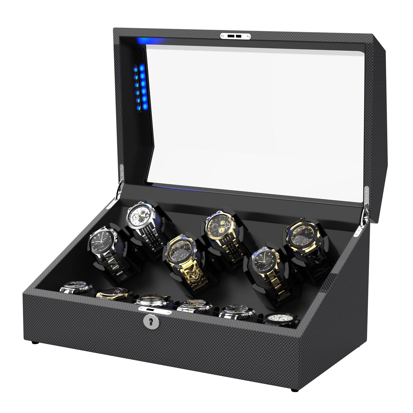 6-Slots Watch Winder with 6 Storages, High-Gloss Piano Lacquer, Carbon Fiber,TRIPLE TREE