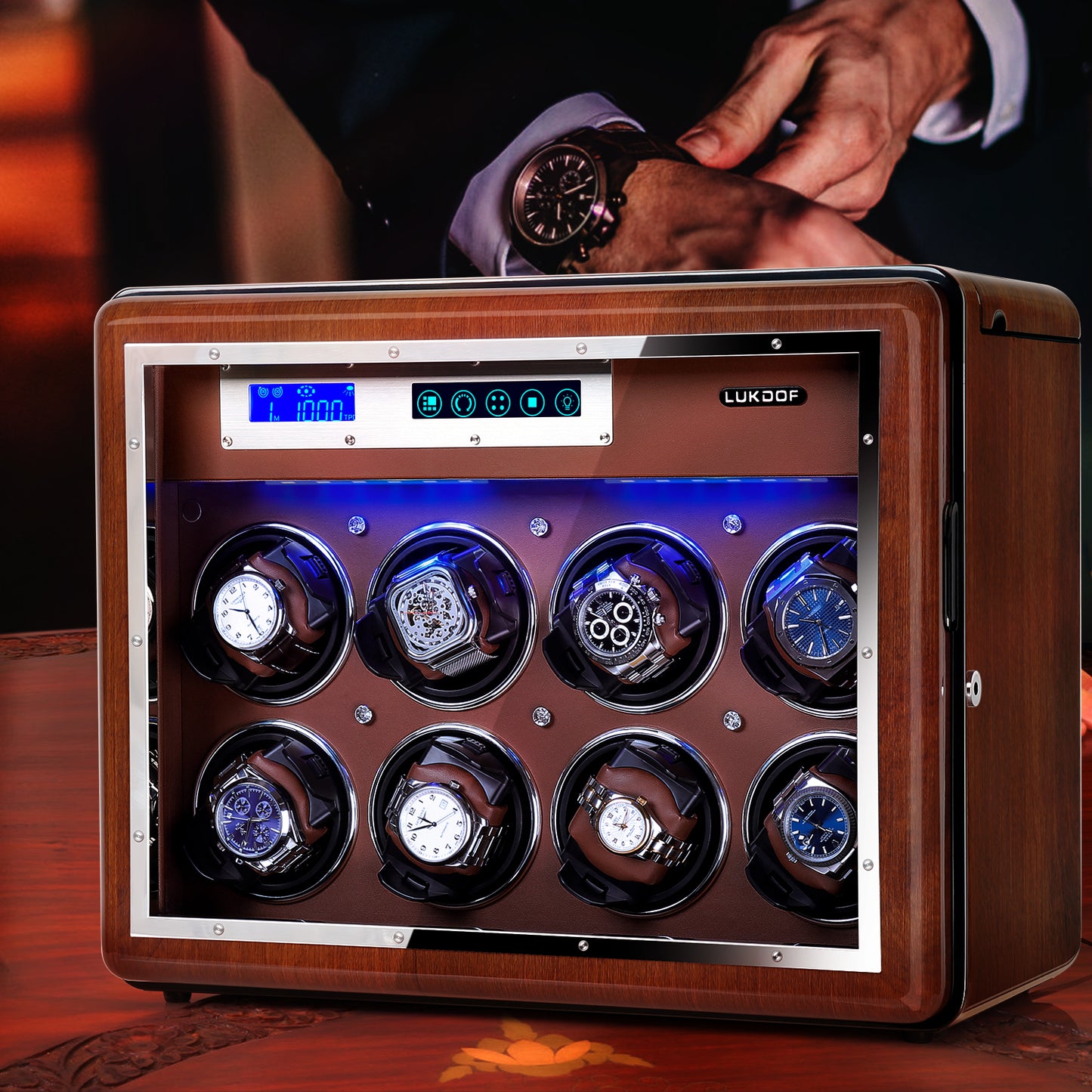 8-Slots Watch Winder with 6 Free Storages, High-Gloss Piano Lacquer, LUKDOF