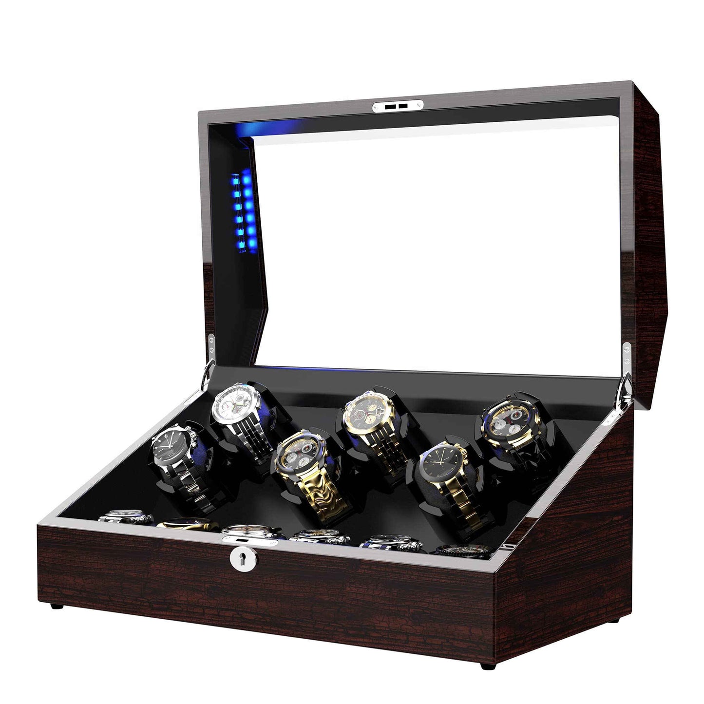 6-Slots Watch Winder with 6 Storage, High-Gloss Piano Lacquer Pine Bark Pattern, ARCTICSCORPION