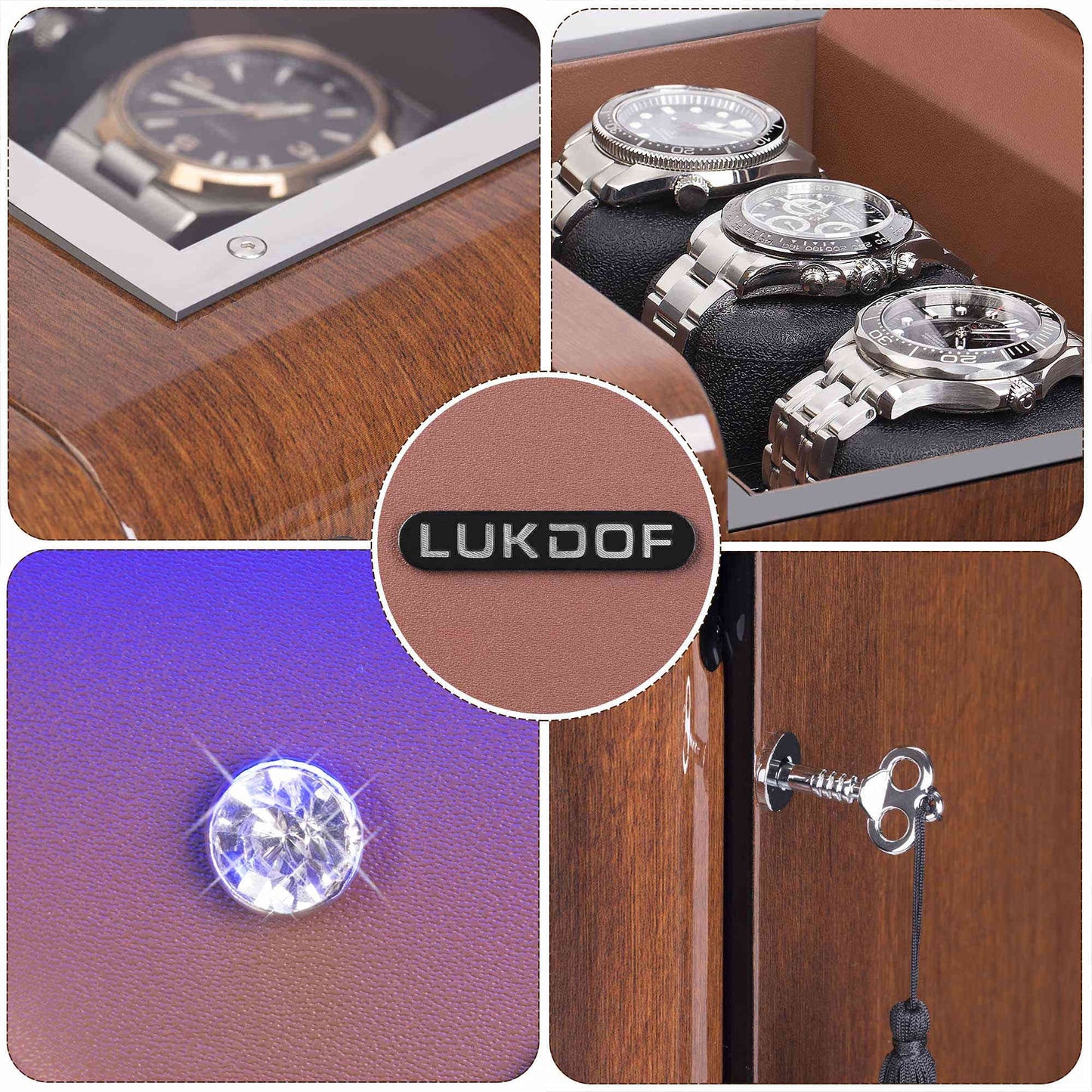 2-Slots Walnut Wood Automatic Watch Winder with 3 Storages, High-Gloss Piano Lacquer, LUKDOF