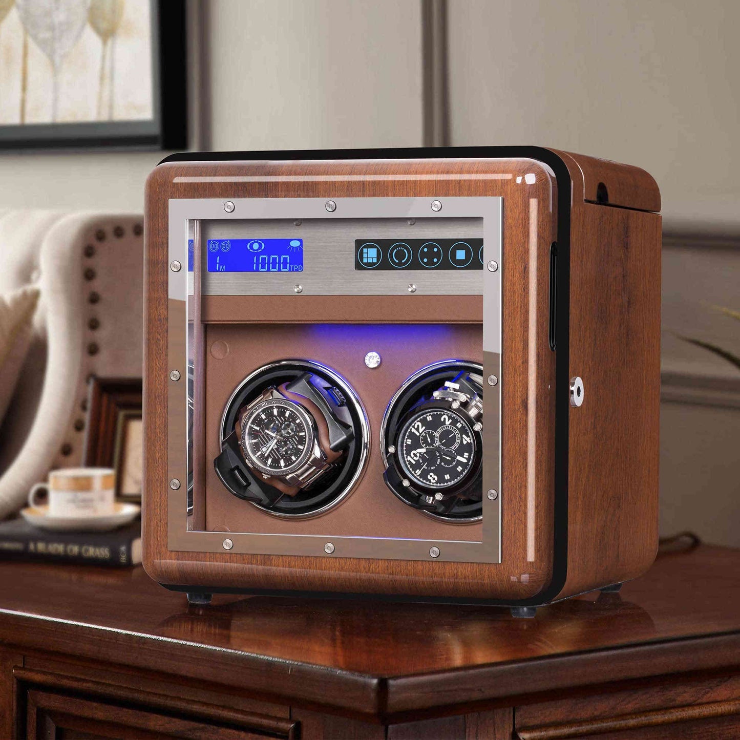 2-Slots Walnut Wood Automatic Watch Winder with 3 Storages, High-Gloss Piano Lacquer, LUKDOF