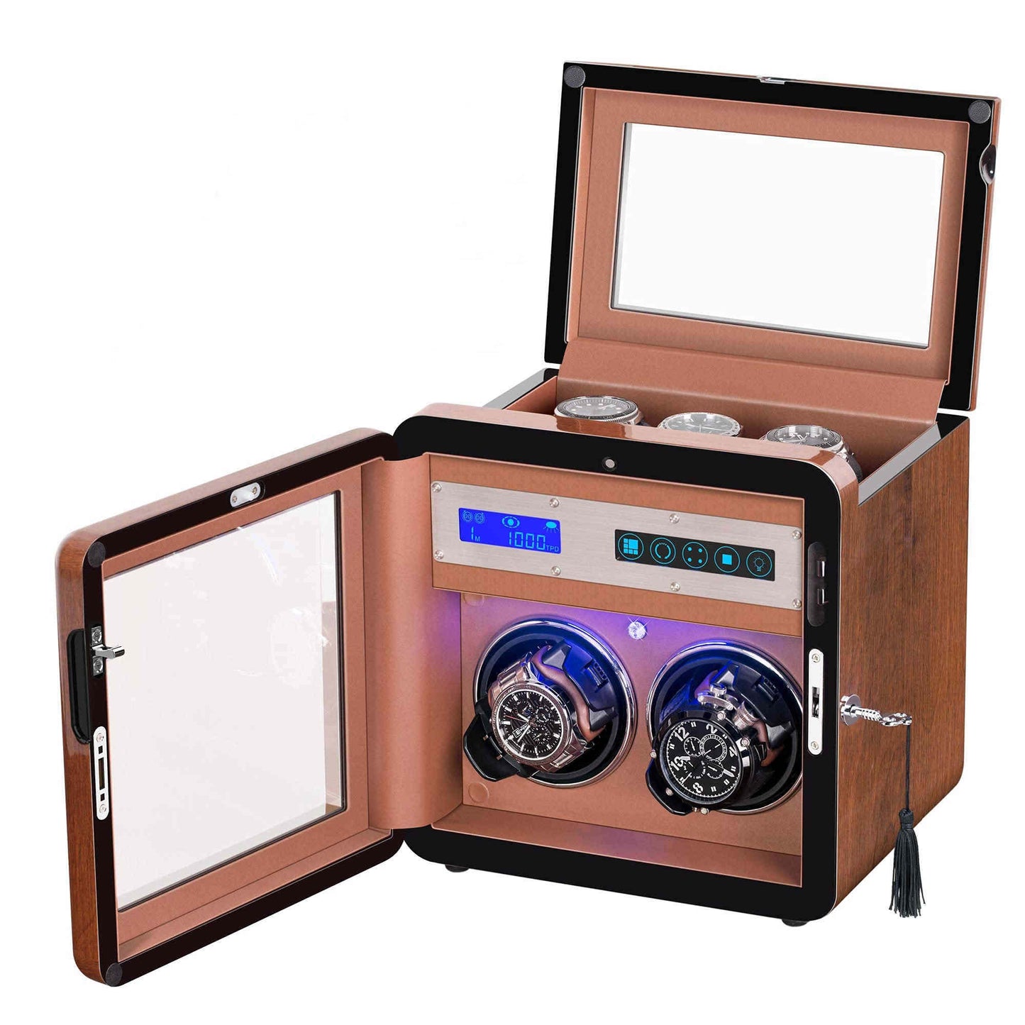 2-Slots Walnut Wood Automatic Watch Winder with 3 Storages, High-Gloss Piano Lacquer, LUKDOF