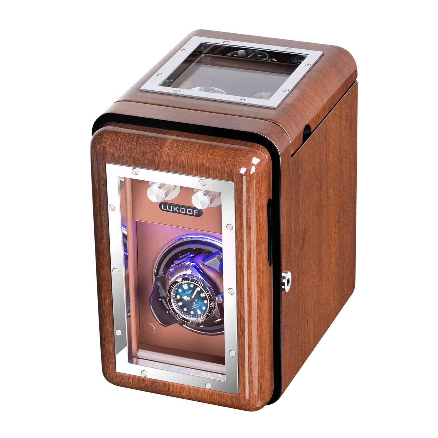 Single-Slots Walnut Wood Automatic Watch Winder with 2 Storages, High-Gloss Piano Lacquer, LUKDOF