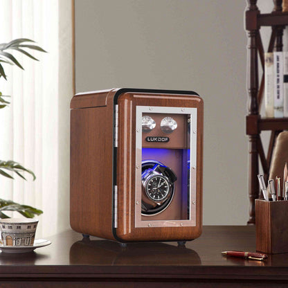 Single-Slots Walnut Wood Automatic Watch Winder with 2 Storages, High-Gloss Piano Lacquer, LUKDOF