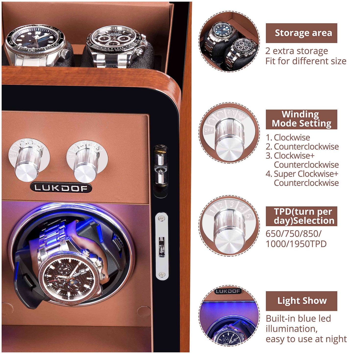Single-Slots Walnut Wood Automatic Watch Winder with 2 Storages, High-Gloss Piano Lacquer, LUKDOF