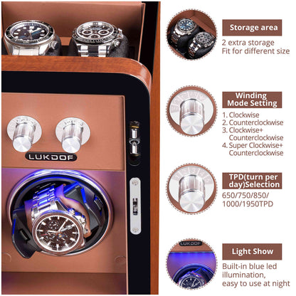 Single-Slots Walnut Wood Automatic Watch Winder with 2 Storages, High-Gloss Piano Lacquer, LUKDOF
