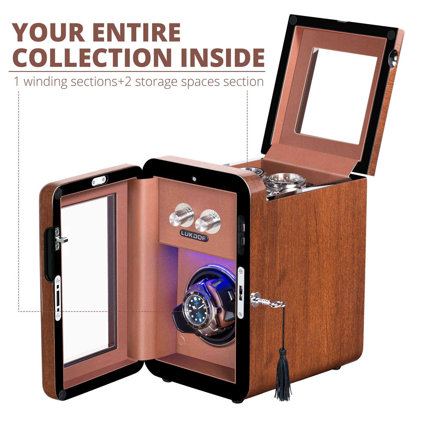 Single-Slots Walnut Wood Automatic Watch Winder with 2 Storages, High-Gloss Piano Lacquer, LUKDOF