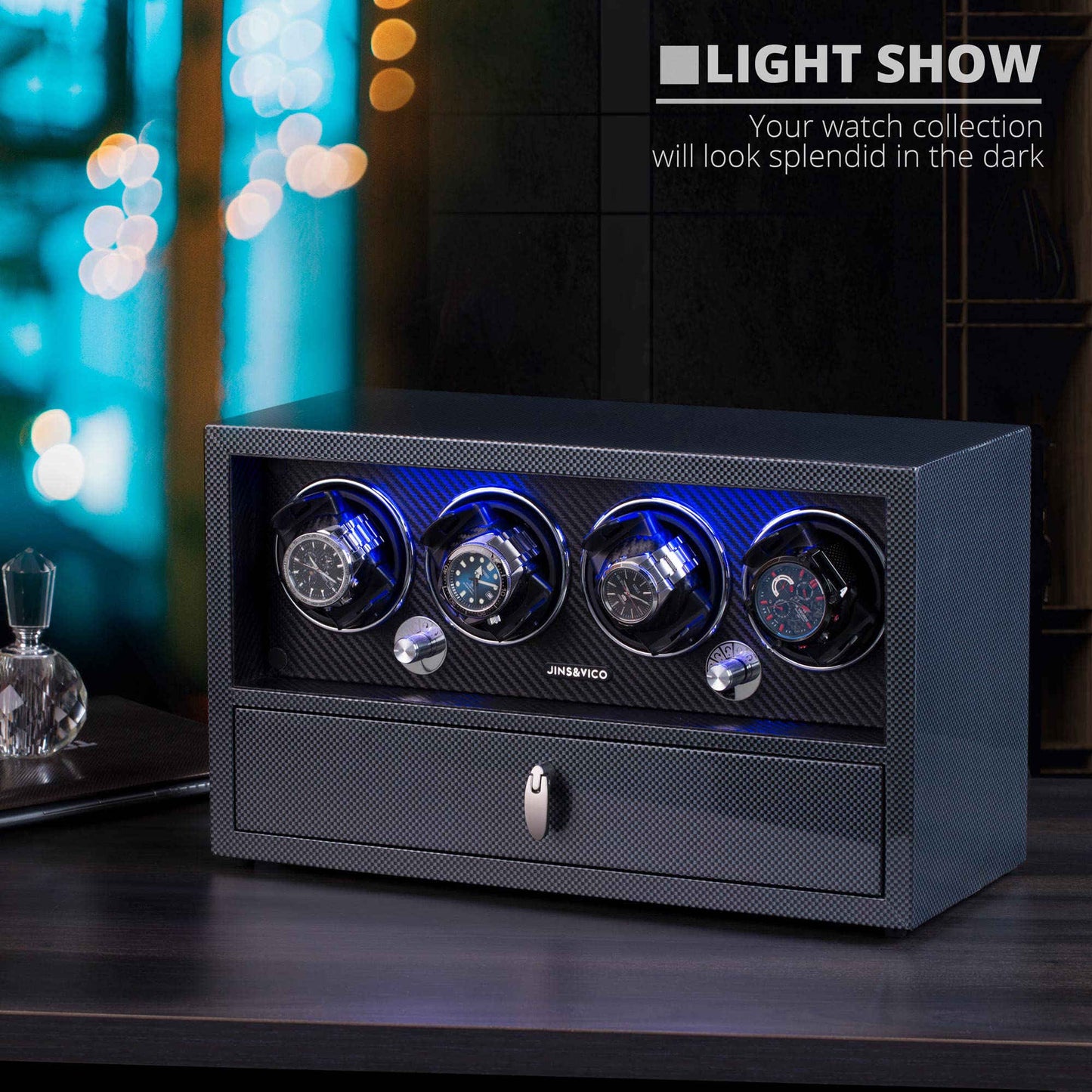 Watch Winder for 4 Watches with LCD Touchscreen Control, High-Gloss Piano Lacquer, JINS&VICO